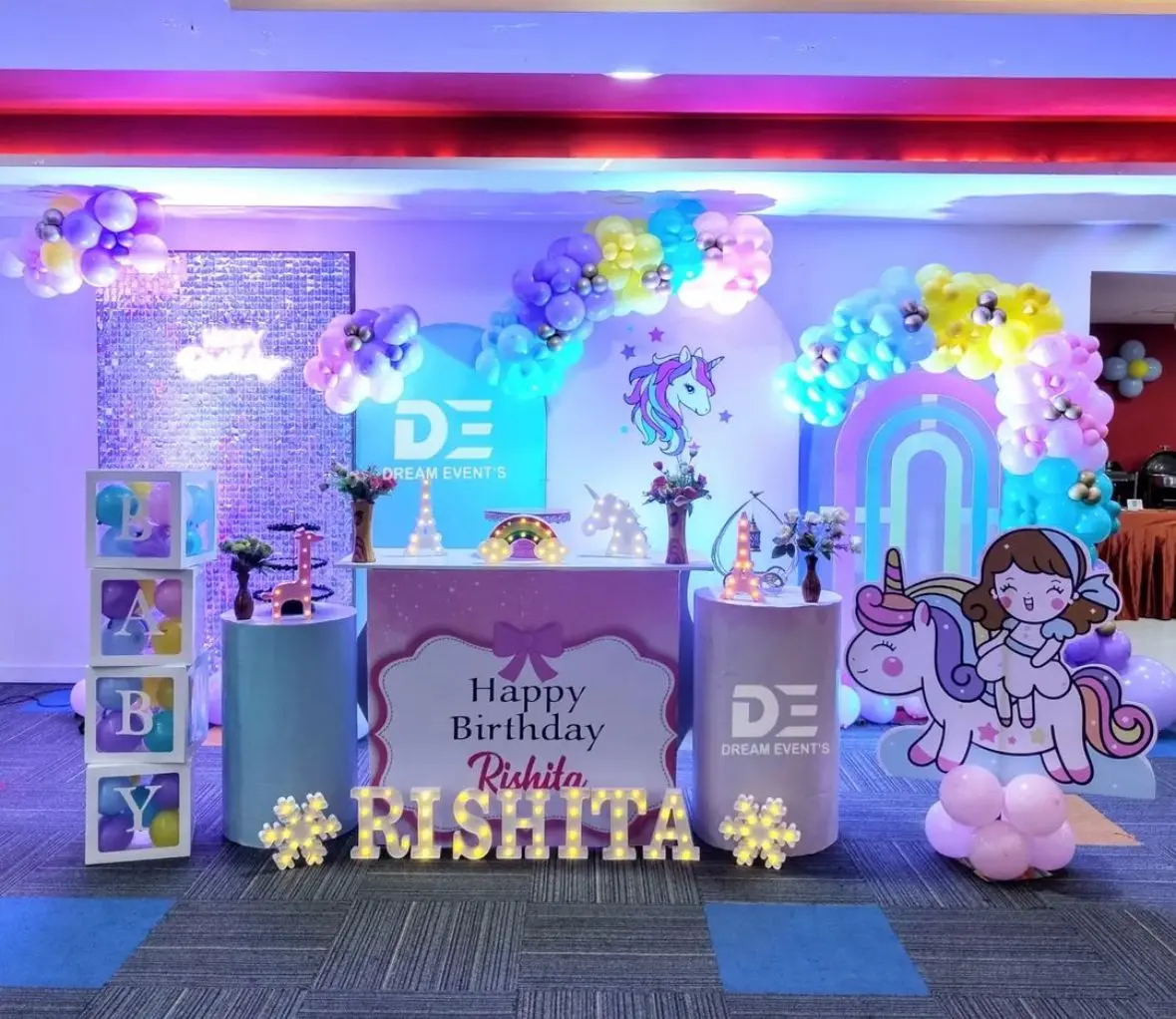 Grand unicorn birthday banner decoration in Bangalore