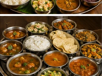 Andhra vegetarian meal with rice, gravies, curries and accompaniments