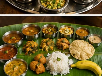 Tamil Nadu vegetarian meal served on a banana leaf