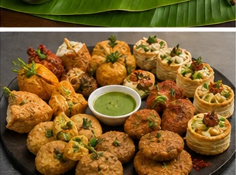 Assorted Indian vegetarian party snacks and chutney