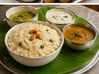 South Indian breakfast with pongal, sambar and chutney