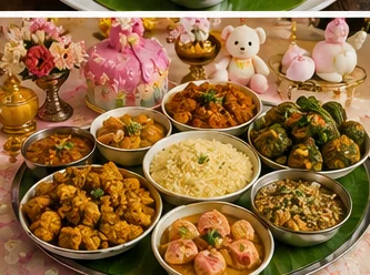 Vegetarian baby shower menu with festive pink decorations